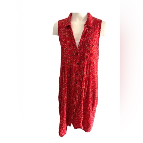 Anthropologie Maeve Daisy Midi Shirtdress Red size 14 Asymmetrical Hem - Picture 14 of 15